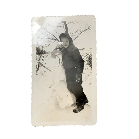 Vtg Child Posing with Snowman Monochrome Photography Found Snapshot Portrait - Picture 1 of 4